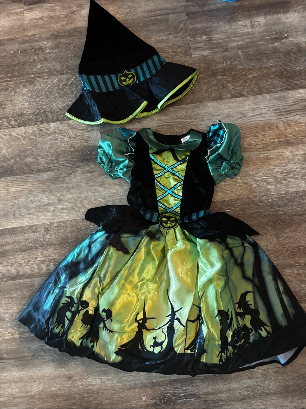 3-4T Witch Costume Dress and Hat - Green Black -